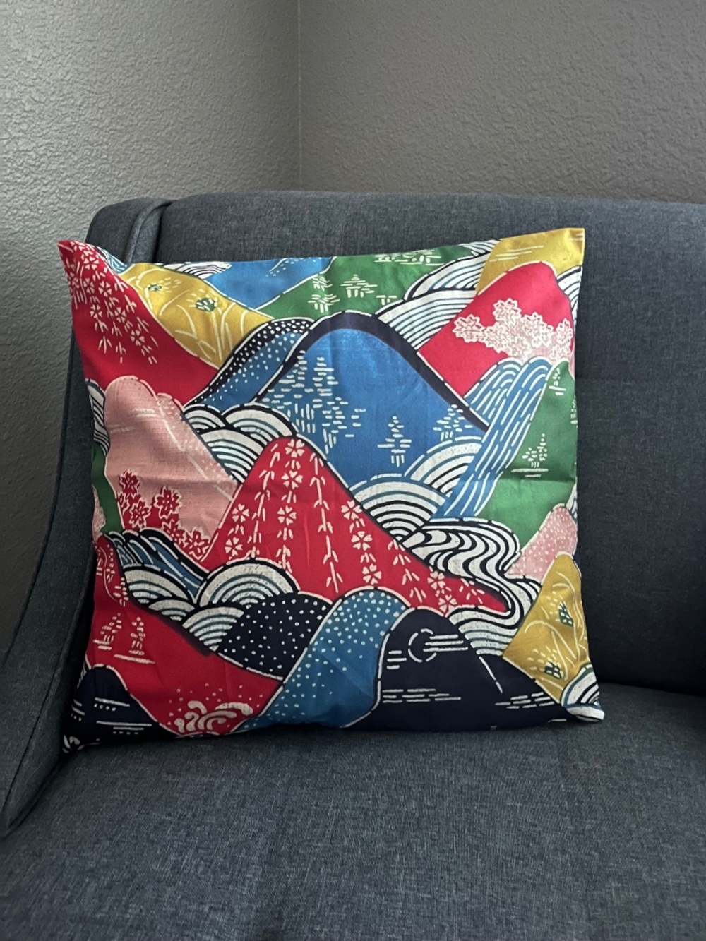 Colorful Japanese Print of Hills and Village  Accent Throw Pillow Case Set of 2 - Picture 2 of 4
